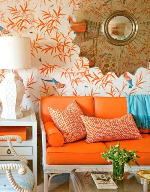 Sofa, pillows and wallpaper in 'trendy' color, Tangerine