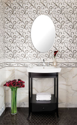 white vanity on black pedestal