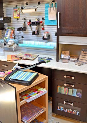 craft organizing wall, cart, drawers, counter